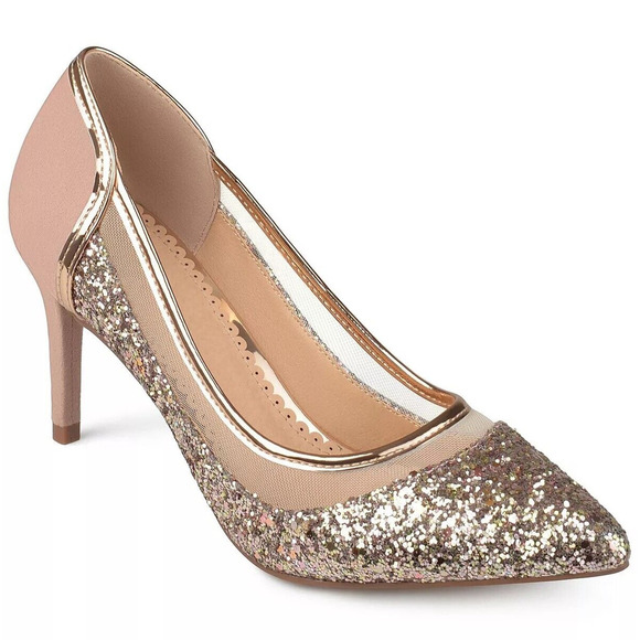 Journee Collection Women Kalani Classic Pump Heels Size US 8M Rose Gold Glitter - Picture 1 of 3
